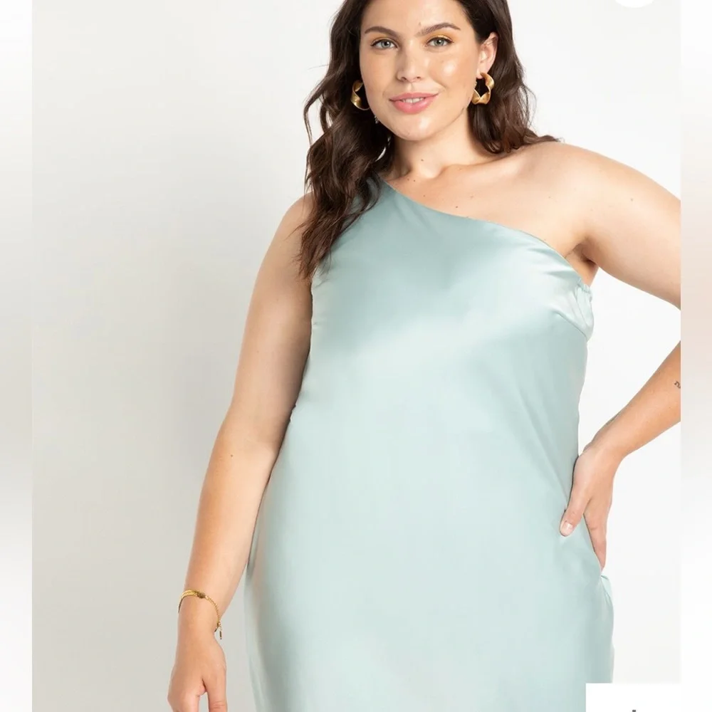 NWT Eloquii sea glass green one shoulder satin midi dress, size 16 - Picture 2 of 4